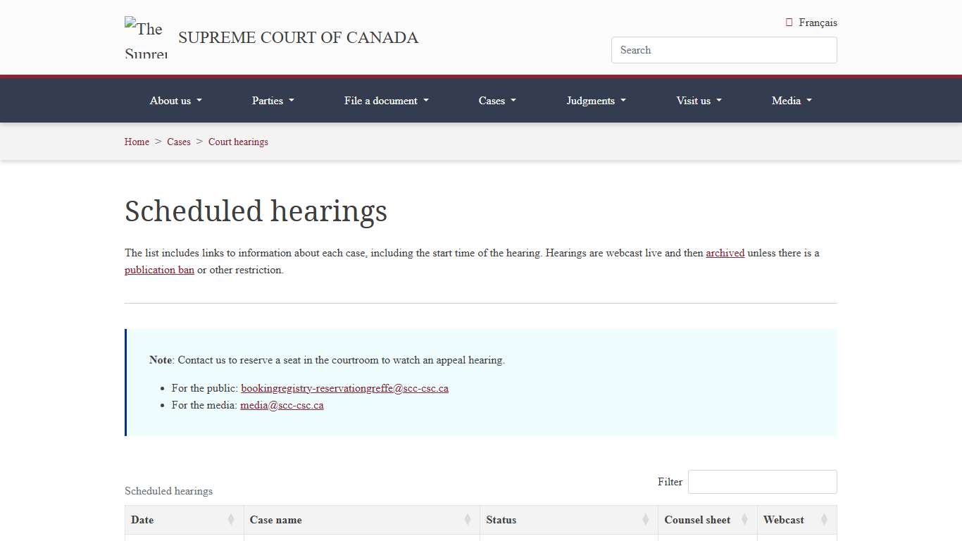 Supreme Court of Canada | Scheduled hearings