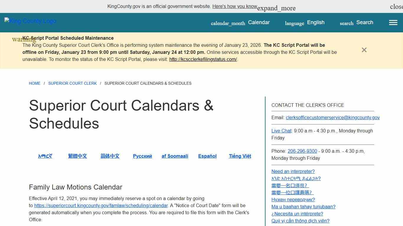 Superior Court Calendars & Schedules - King County, Washington